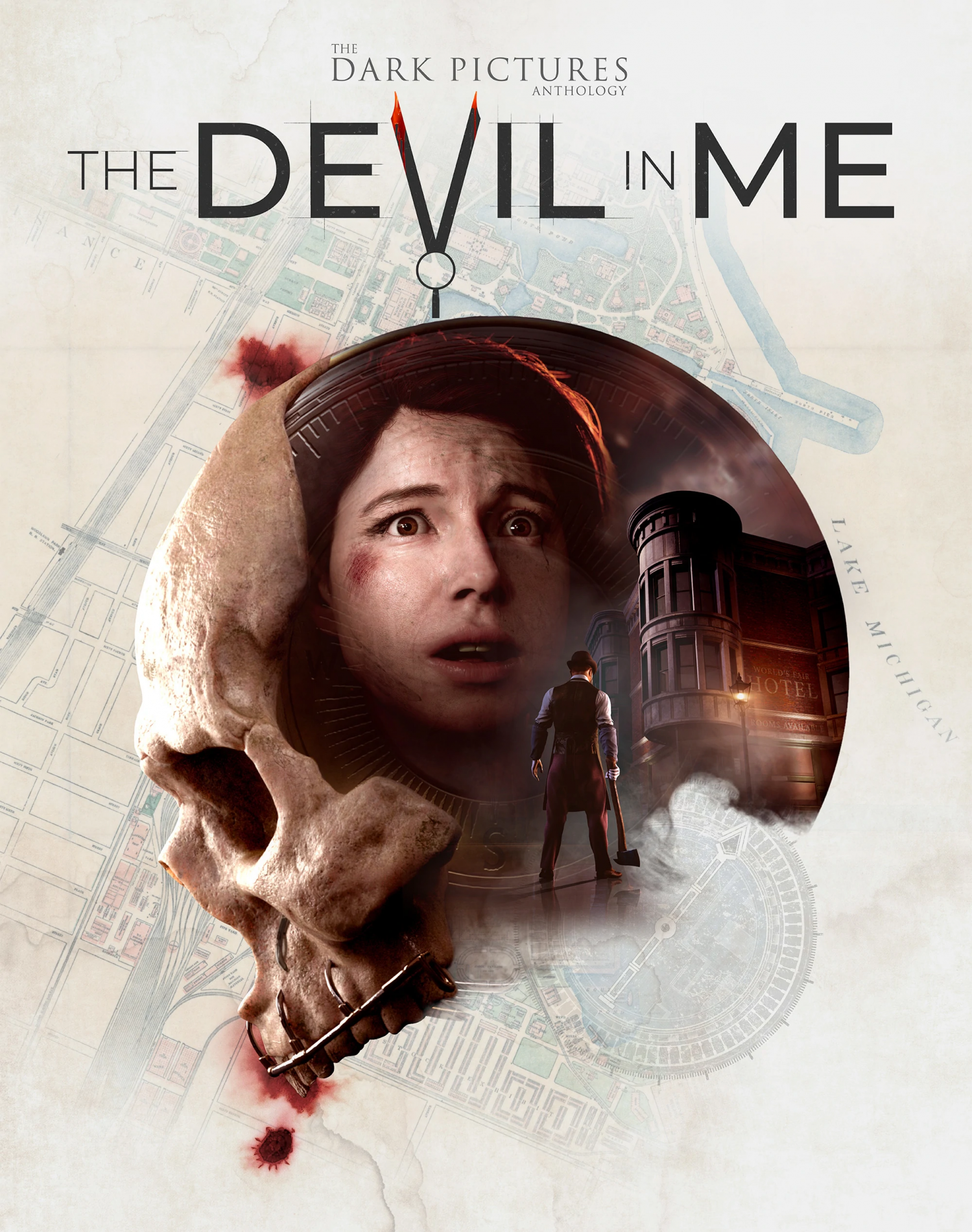 Image of a skull, side on in the backdrop an old map. A woman's face sit's in the skull, with a cut on her cheekbone. She is looking at a man, back turned holding an axe and facing the murder hote.